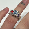 Triple gem blue red square melt ring